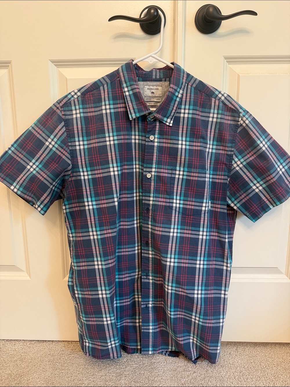 Quiksilver Short Sleeve Plaid Button-Down Shirt - Navy, Teal & Red